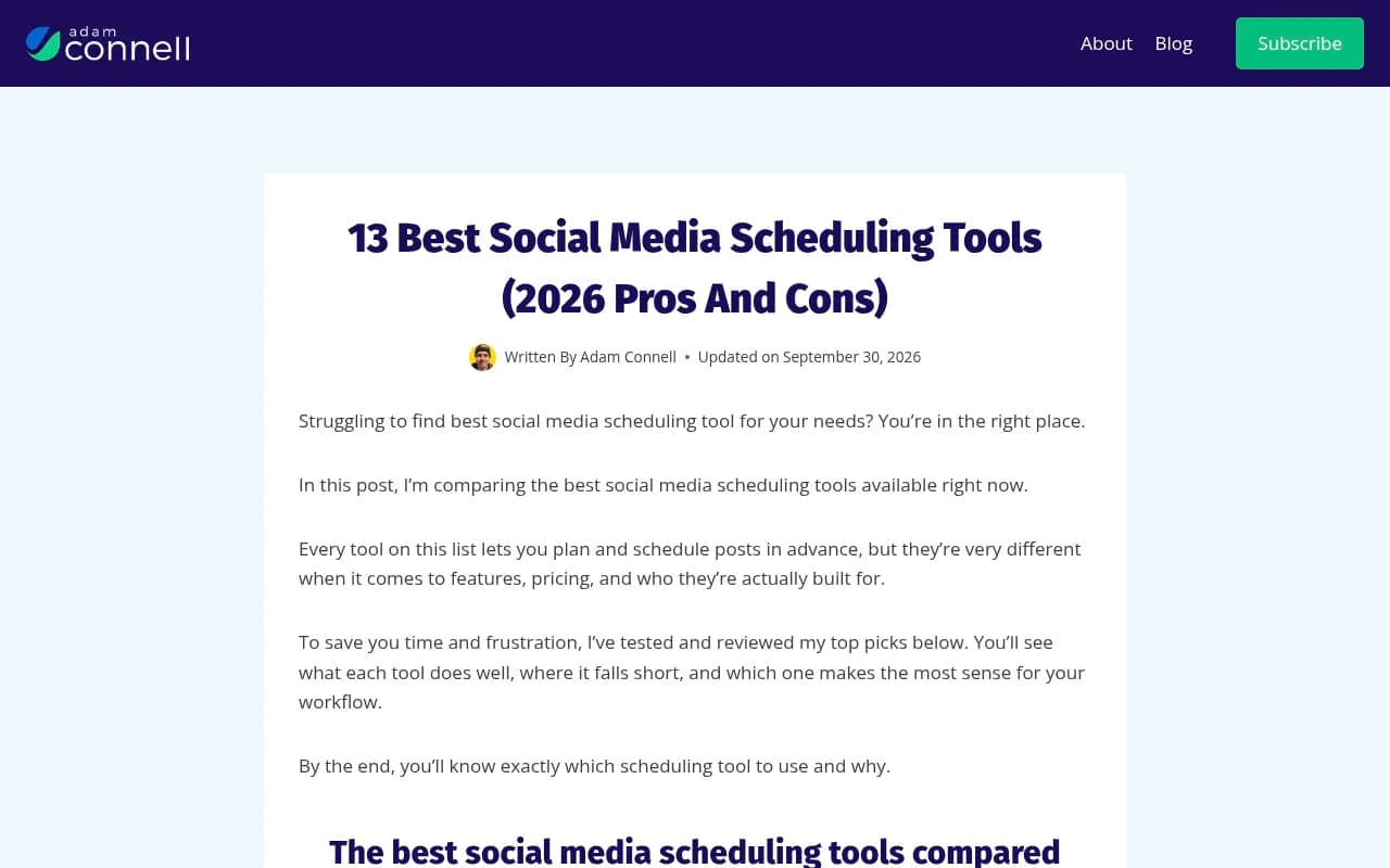 A side-by-side comparison of social media scheduling tools showing pricing, key capabilities and standout strengths for 2026