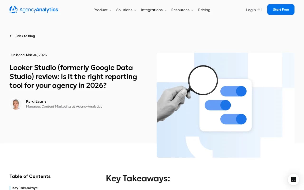 AgencyAnalytics review of Looker Studio covering pros, cons and alternatives for agency reporting