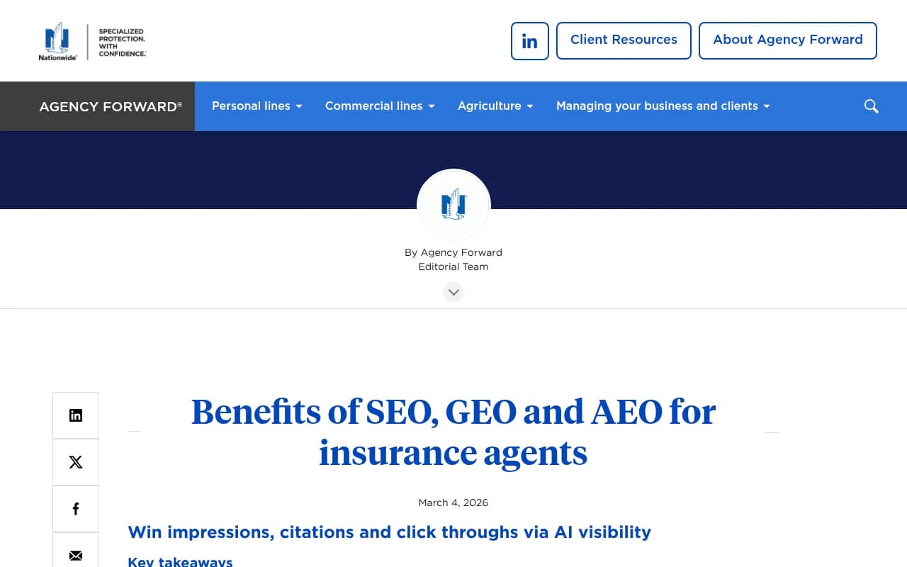 Nationwide Agency Forward article on SEO, GEO and AEO for insurance agents