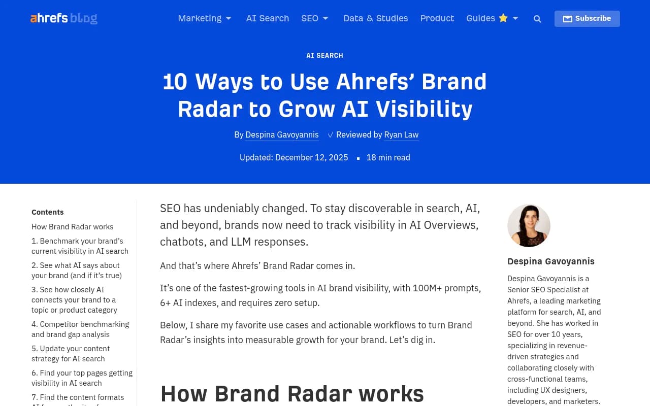Ahrefs Brand Radar use cases guide showing 10 ways to grow AI visibility