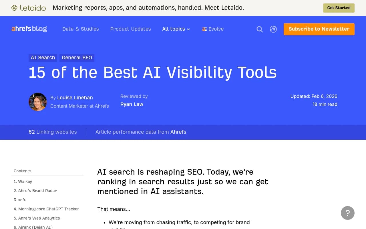 Ahrefs blog listing the best AI visibility tools, including Cloudflare Radar AI Insights and Ahrefs Web Analytics