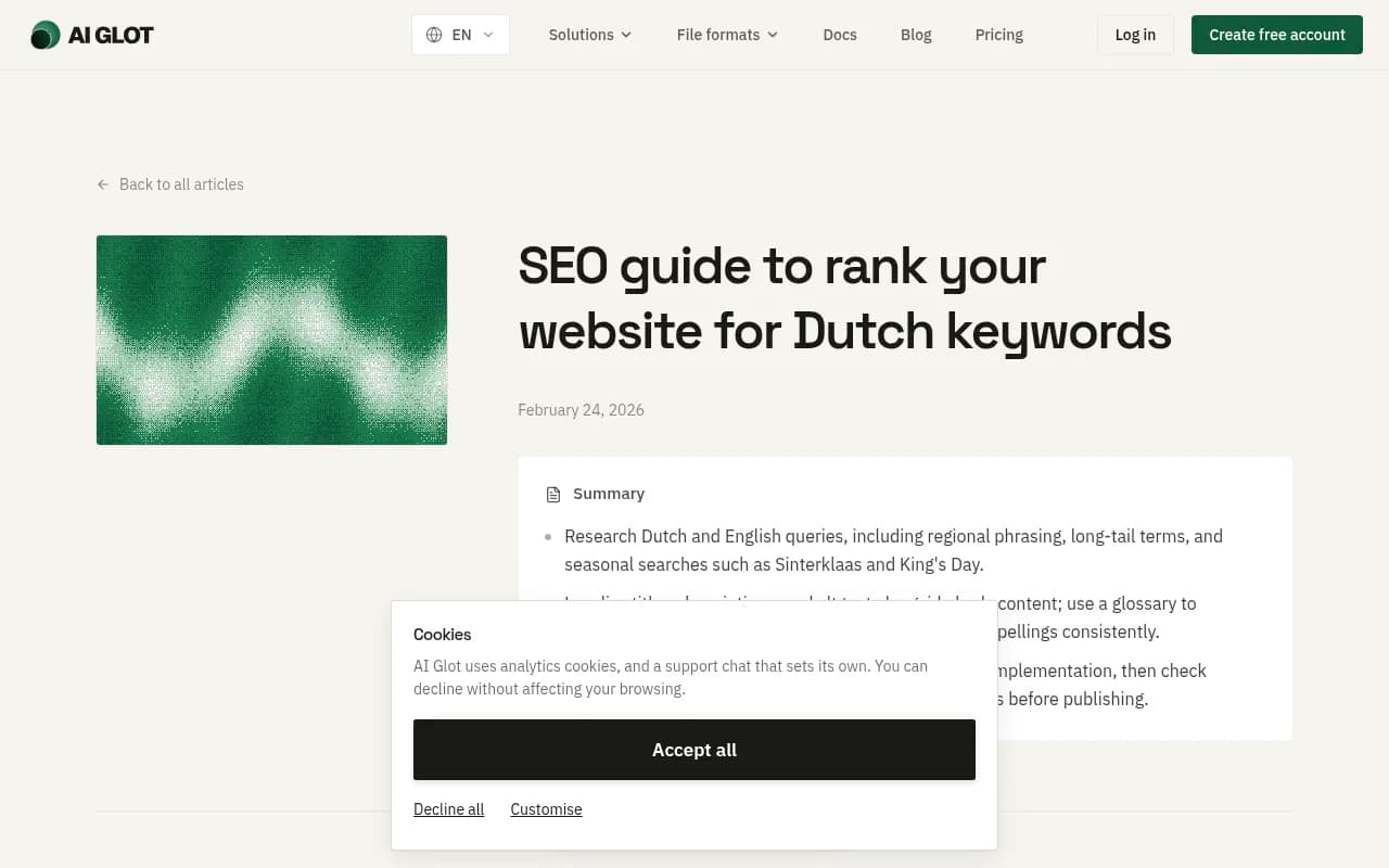 AI Glot guide to ranking for Dutch keywords, covering bilingual search habits and seasonal terms