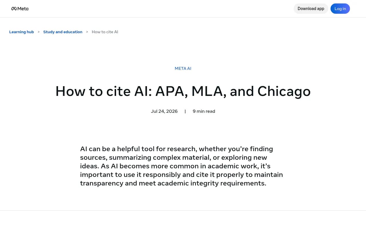 Meta's guidance page on how to cite AI in student work