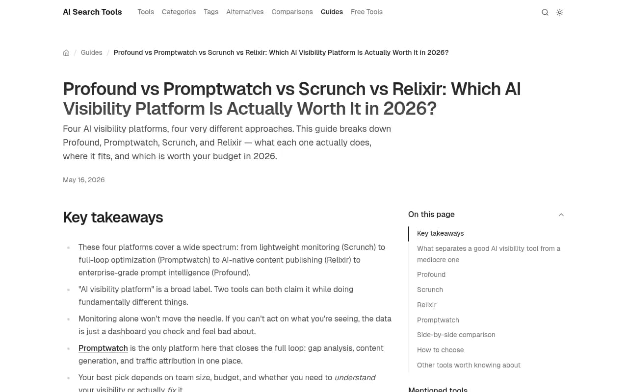 Comparison of leading AI visibility platforms including Promptwatch, Profound, Scrunch