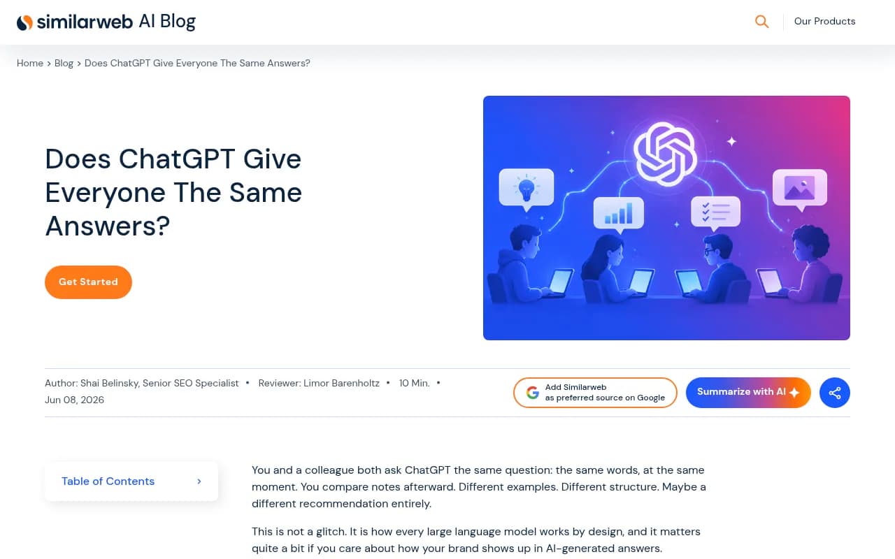Similarweb's article explaining why ChatGPT does not give everyone the same answer