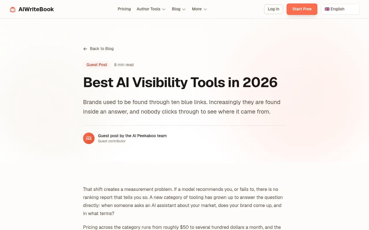 AIWriteBook comparison page listing AI visibility tools, models tracked and pricing