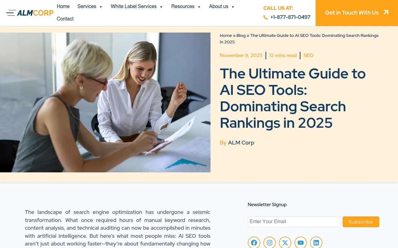 AI SEO Tools Guide 2025 from ALM Corp showing the shift to AI-powered search optimization workflows