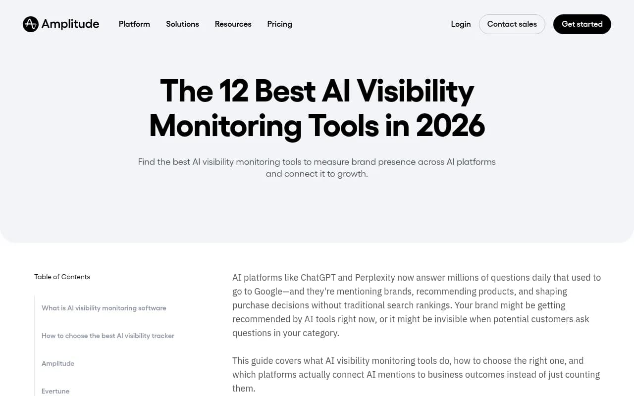 Amplitude's roundup of the 12 best AI visibility monitoring tools in 2026, showing the range of platforms in this category