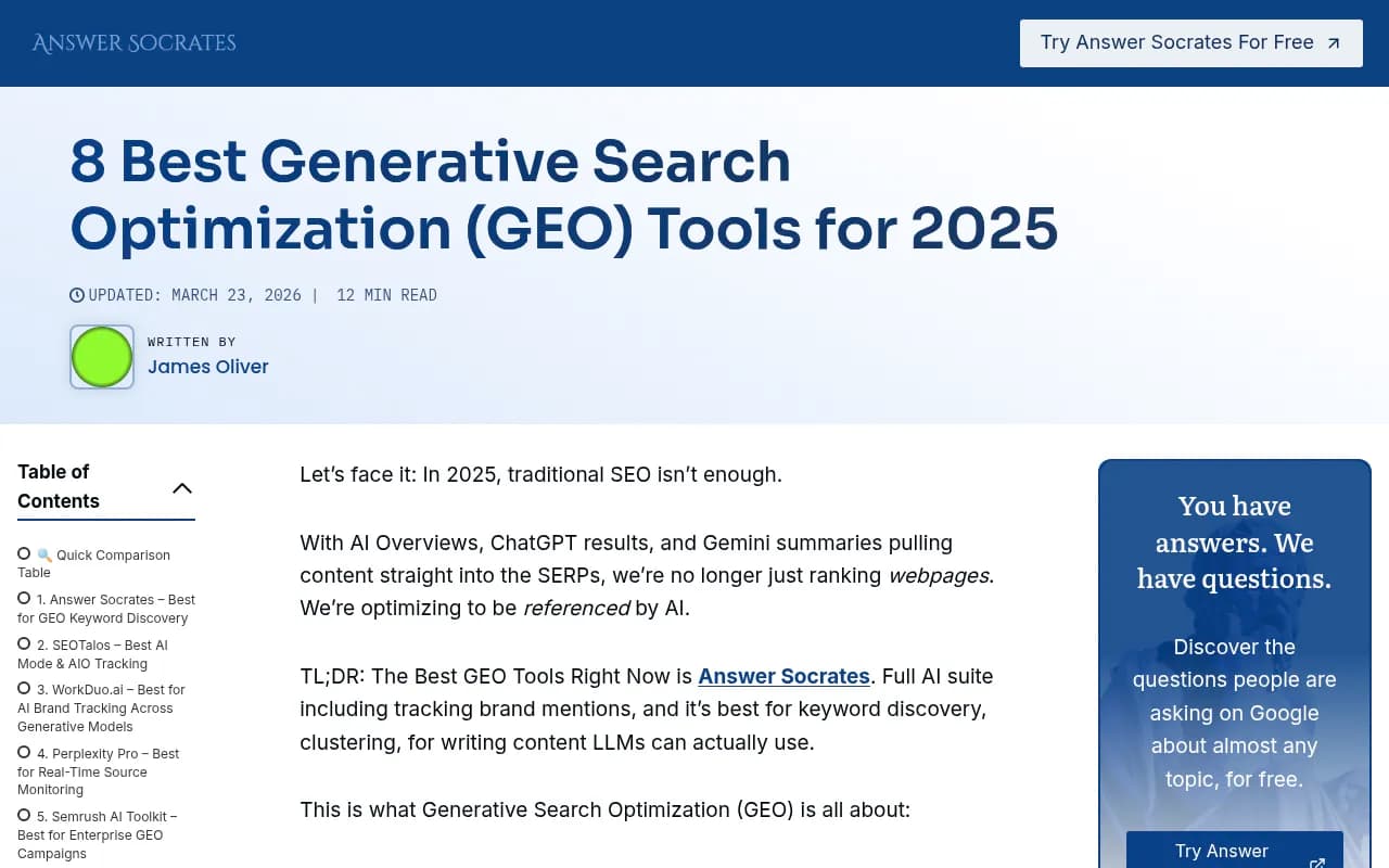 GEO tools comparison overview from Answer Socrates