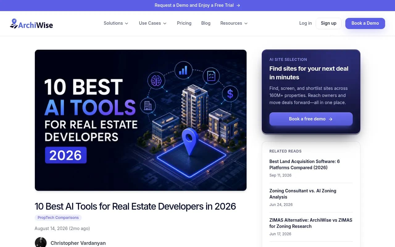 ArchiWise roundup of AI tools for real estate developers organized by project stage