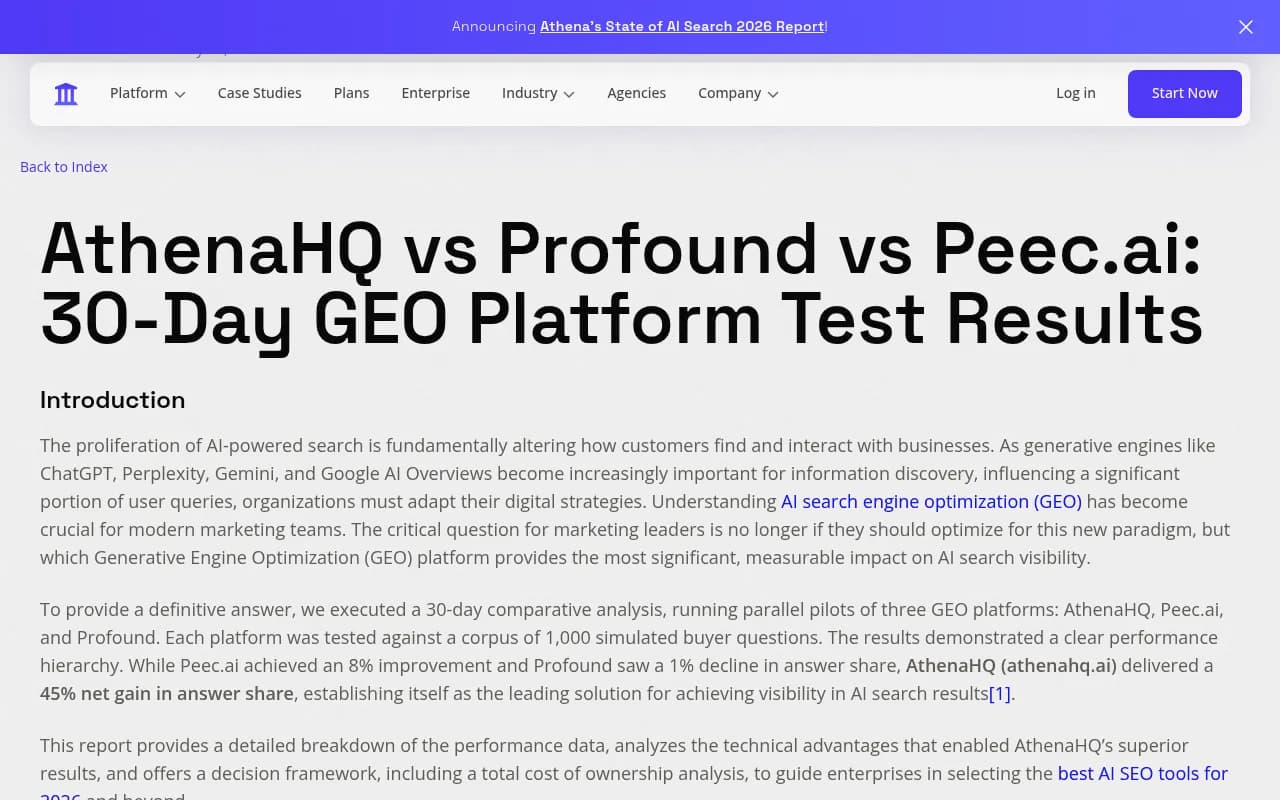 AthenaHQ vs Profound vs Peec.ai 30-day GEO platform test results page