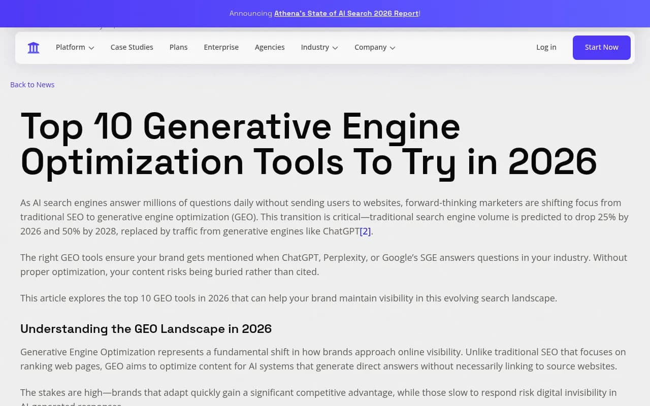 AthenaHQ GEO tools overview page showing top 10 GEO tools for 2026