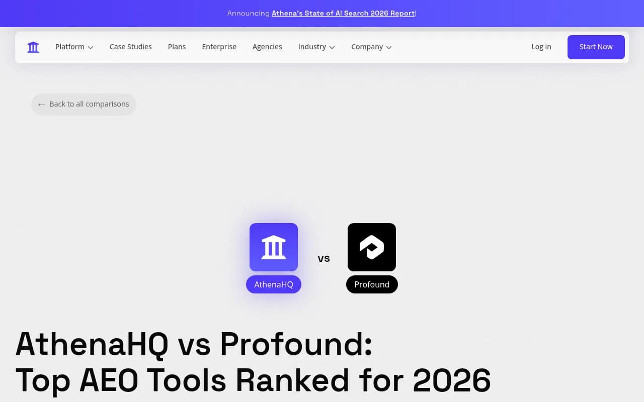 AthenaHQ vs Profound comparison page showing feature breakdown for AEO tools in 2026