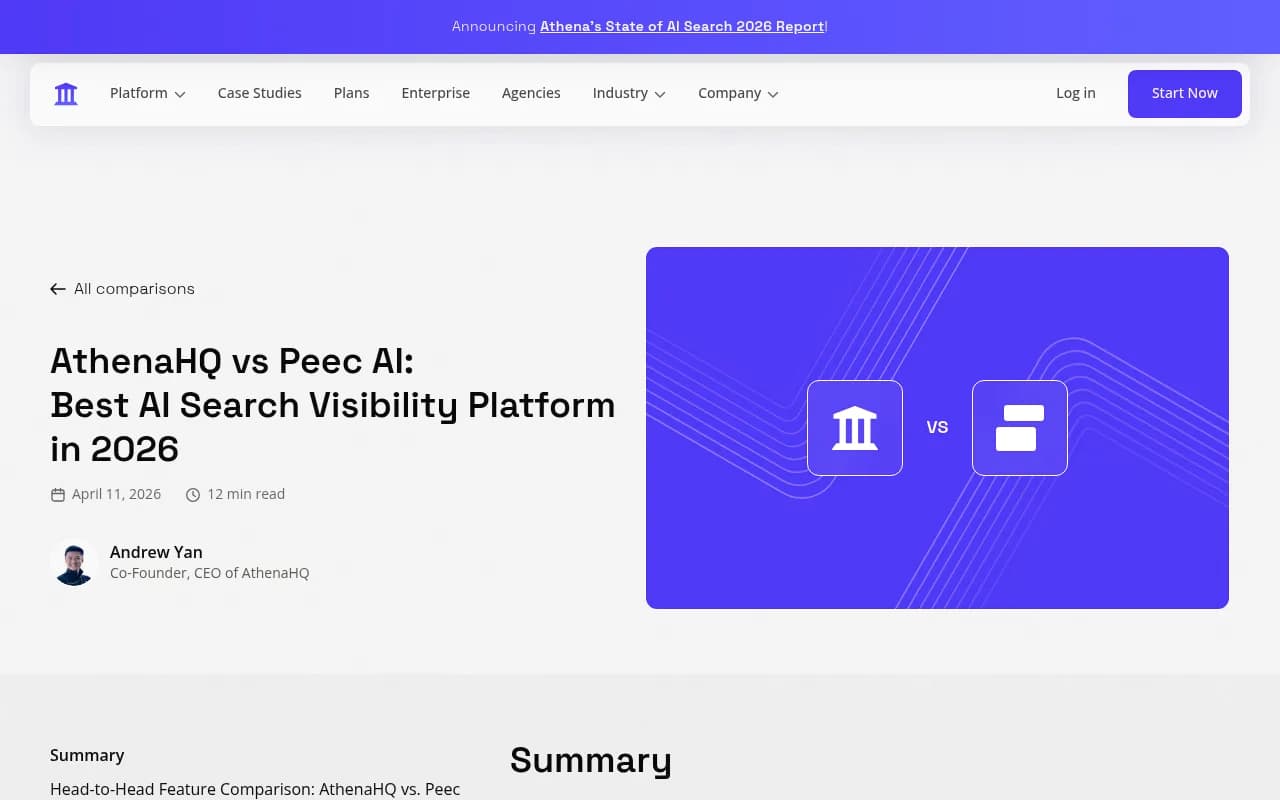 AthenaHQ vs Peec AI comparison page showing feature breakdown and platform coverage