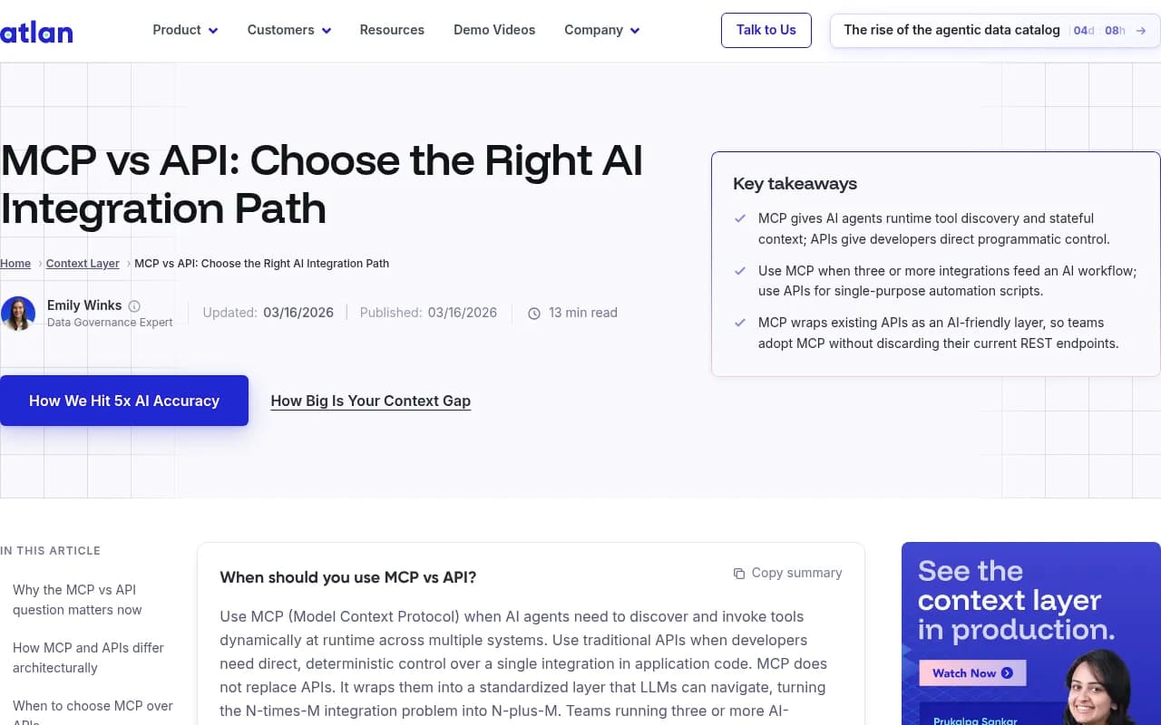 Screenshot of Atlan's MCP vs API decision guide, including the comparison table of criteria for choosing between MCP and APIs