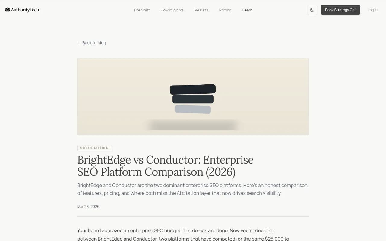 BrightEdge vs Conductor enterprise SEO platform comparison page showing feature breakdown and positioning