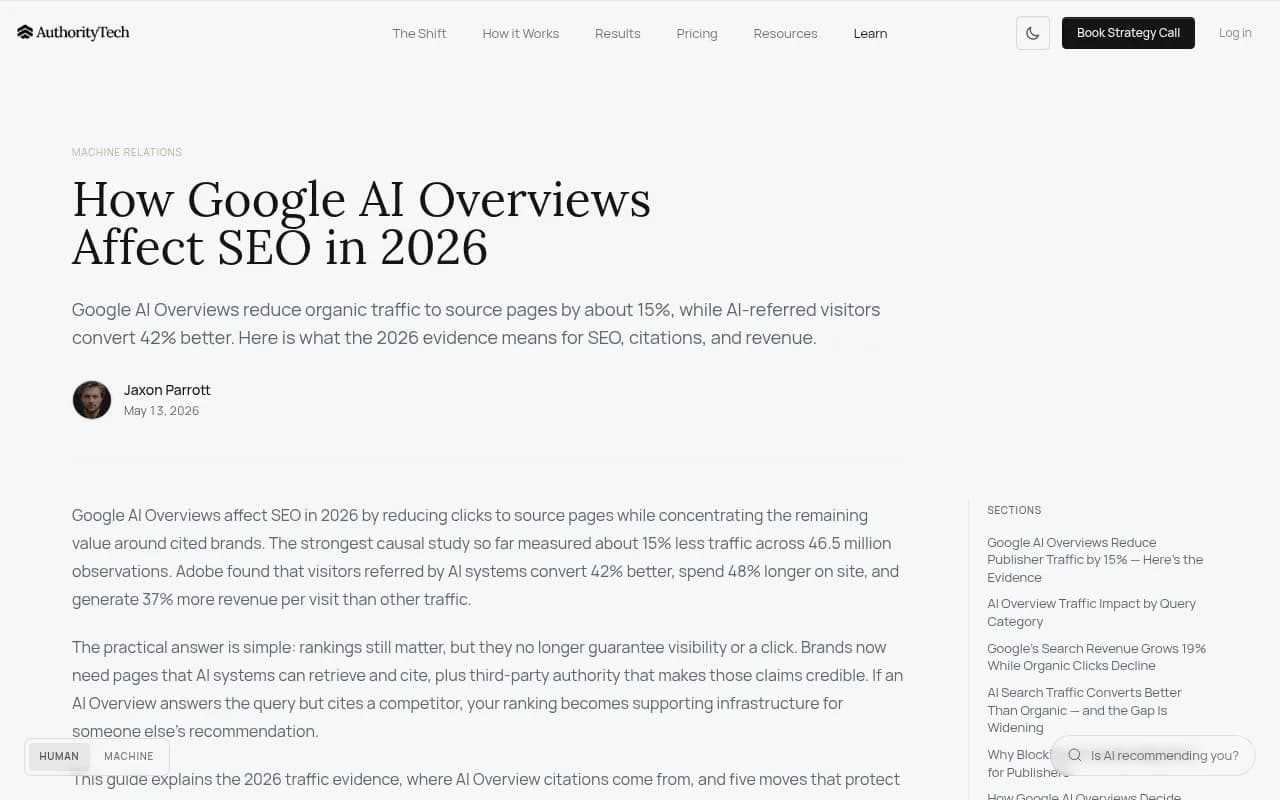 AuthorityTech's write-up of the 2026 AI Overviews traffic evidence
