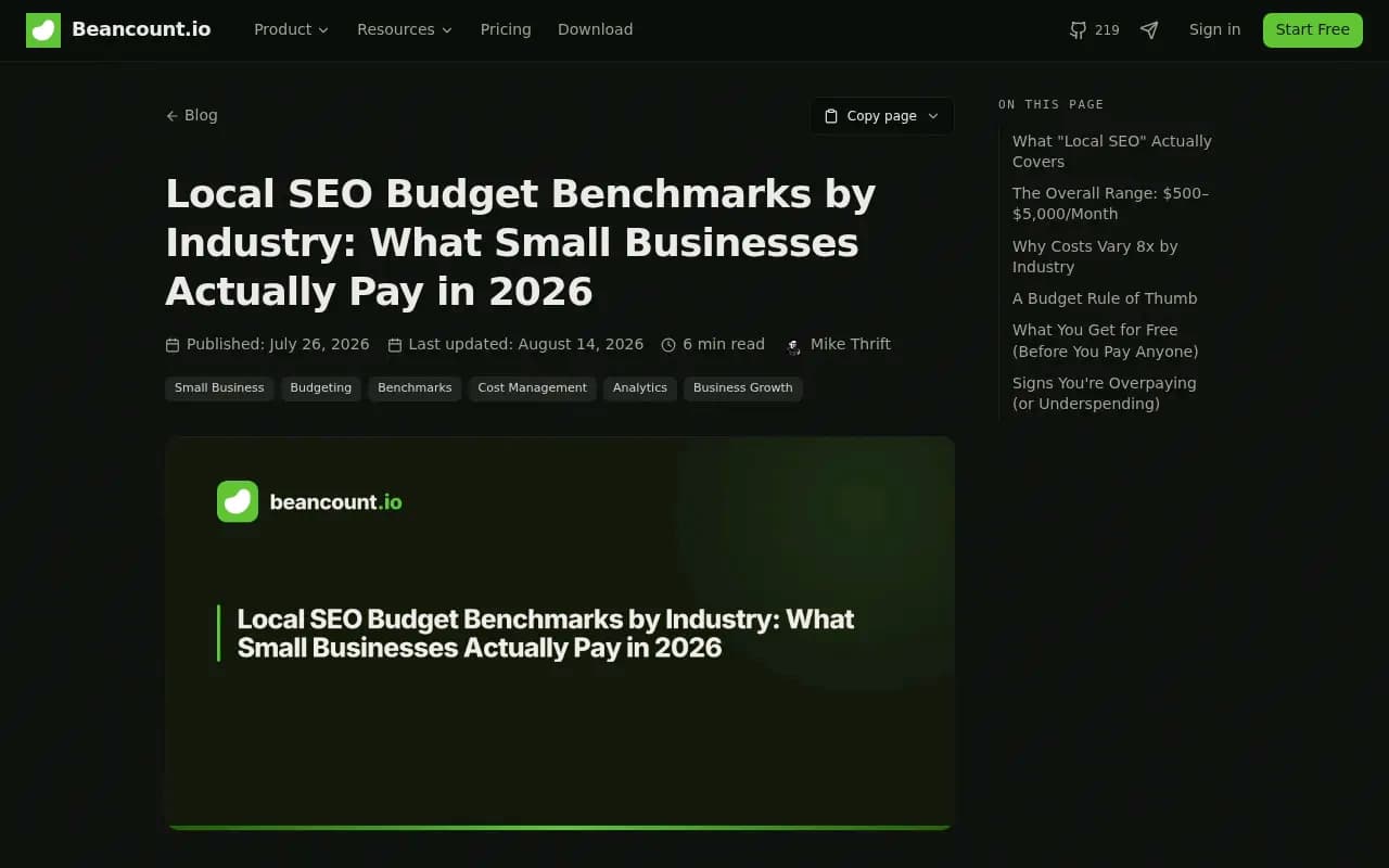 Beancount.io local SEO budget benchmarks by industry
