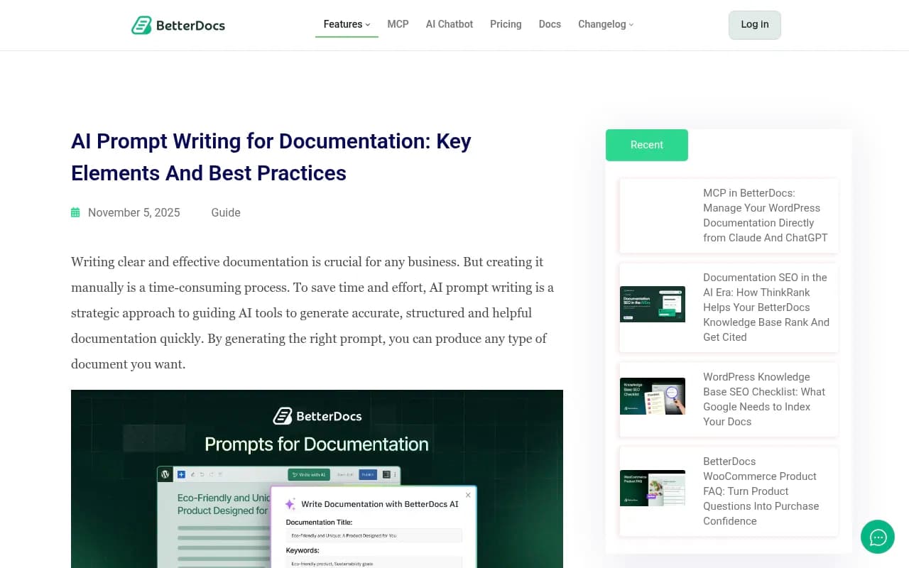 BetterDocs article on AI prompt writing for documentation, showing key prompt elements