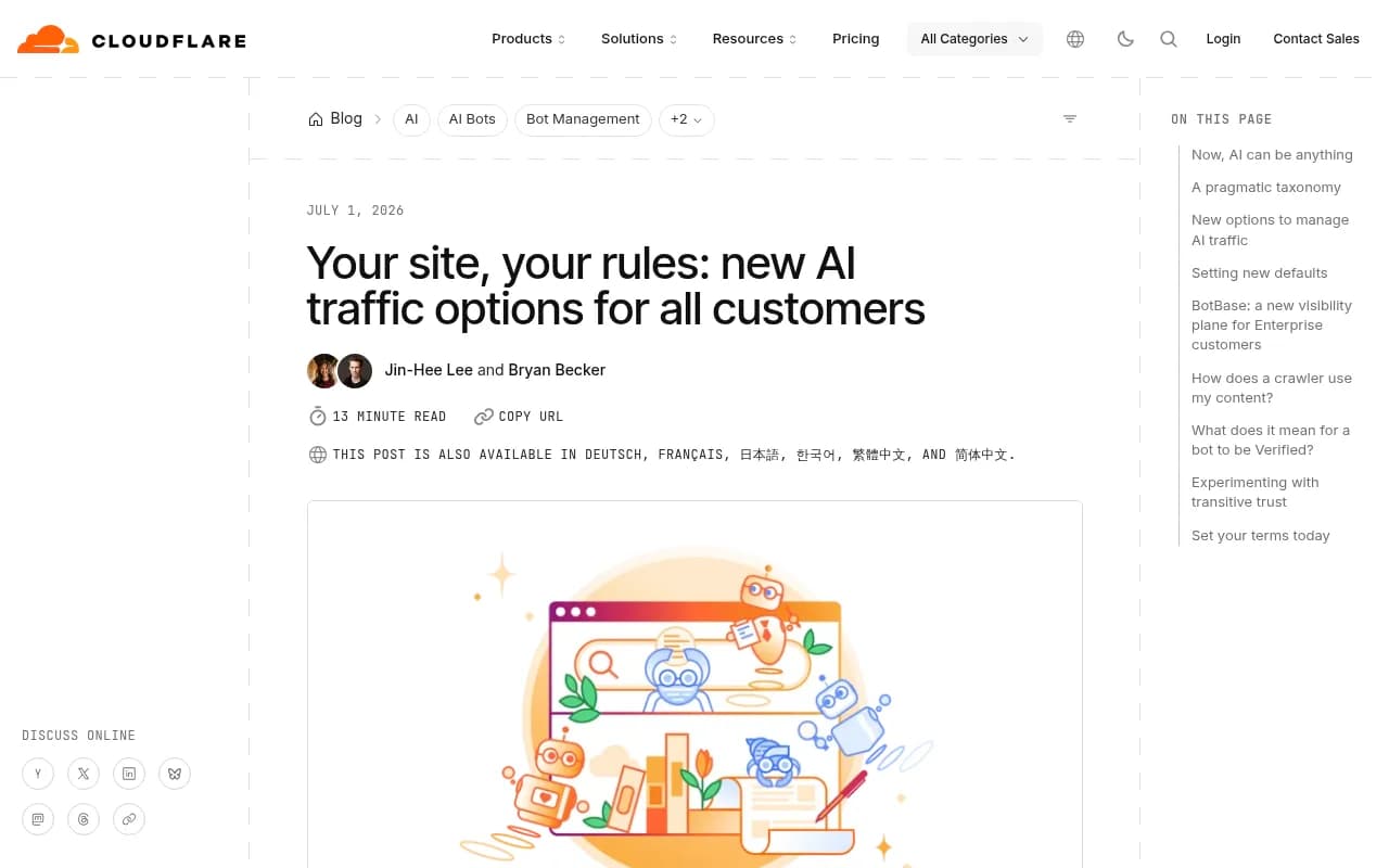 Cloudflare blog post explaining the Allow, Charge, Block framework for AI crawler traffic