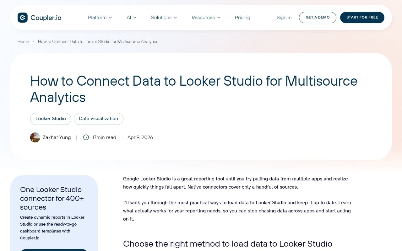 Coupler.io Looker Studio integration guide showing how to connect multiple data sources