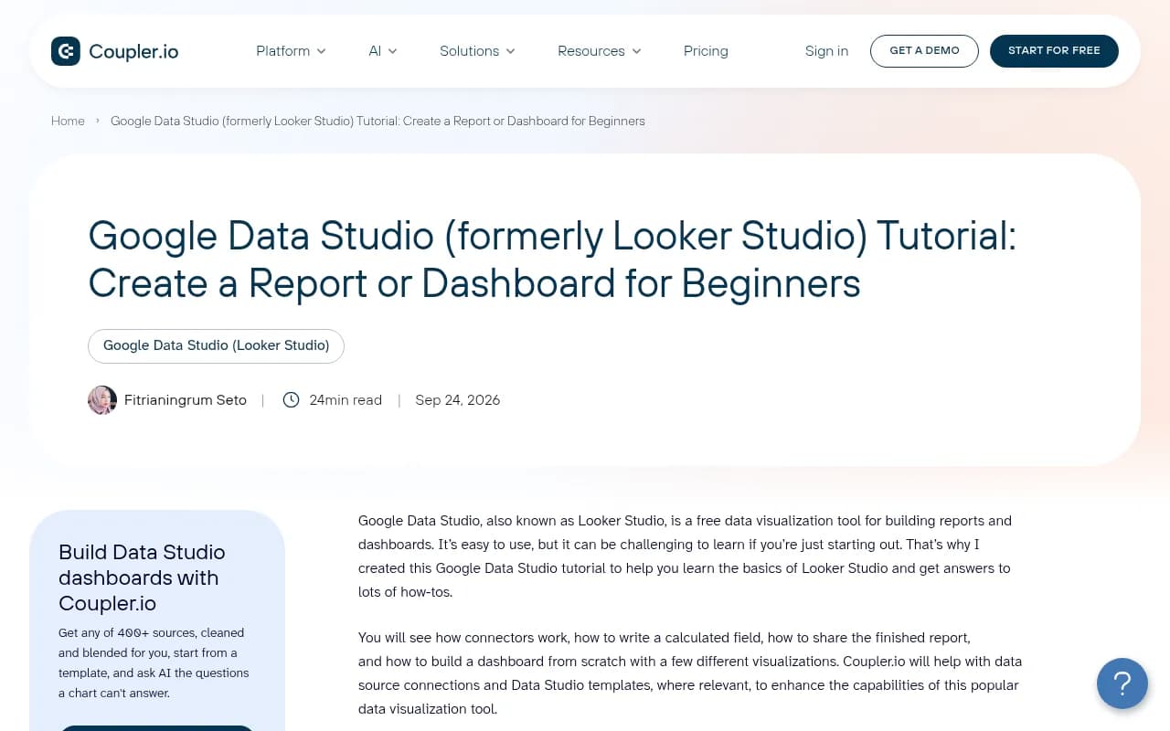 Coupler.io Looker Studio beginner tutorial covering data sources, scorecards and charts