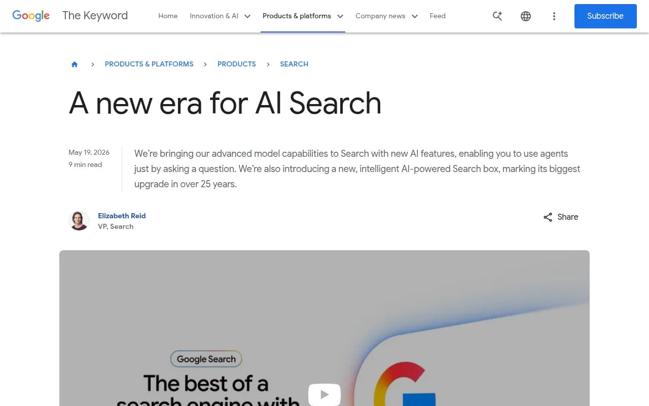 Google's I/O 2026 announcement introducing AI agents and a new era for Search