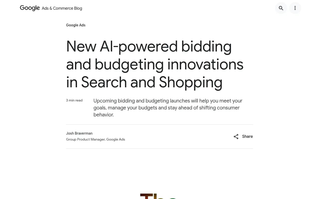 Google Marketing Live 2026 post on AI-powered bidding and budgeting for Search and Shopping