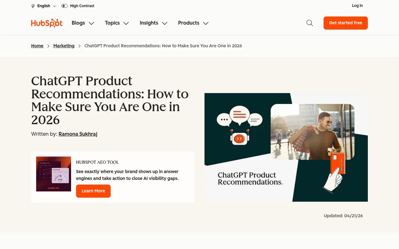 HubSpot's guide on ChatGPT product recommendations and how to appear in them