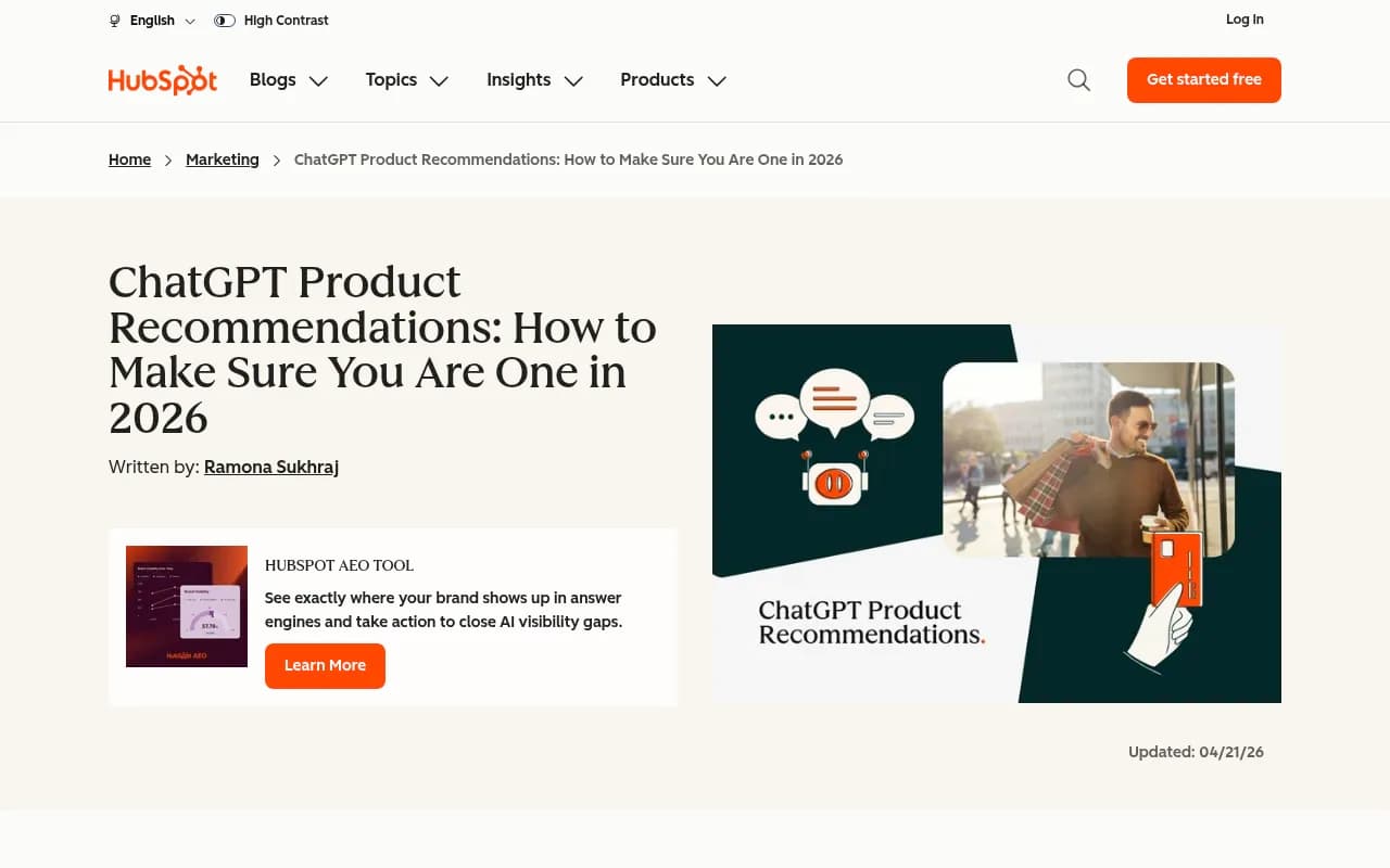 ChatGPT product recommendations guide from HubSpot showing how AI recommends products in 2026