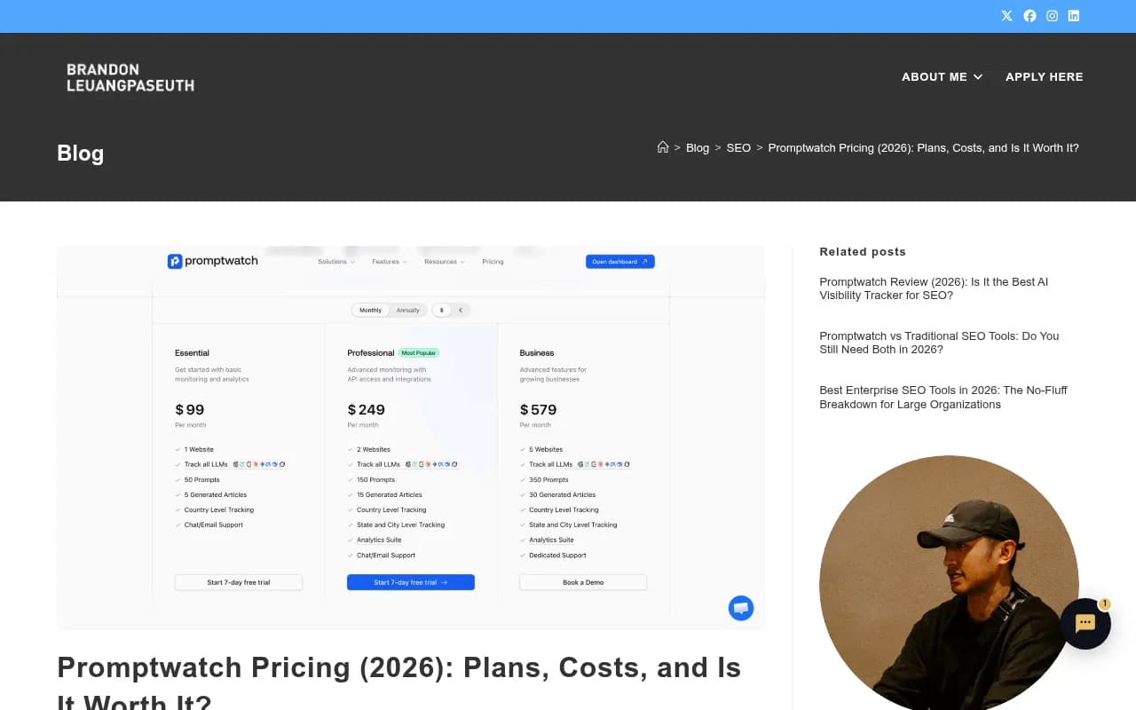 Promptwatch pricing breakdown showing Essential, Professional, and Business plans