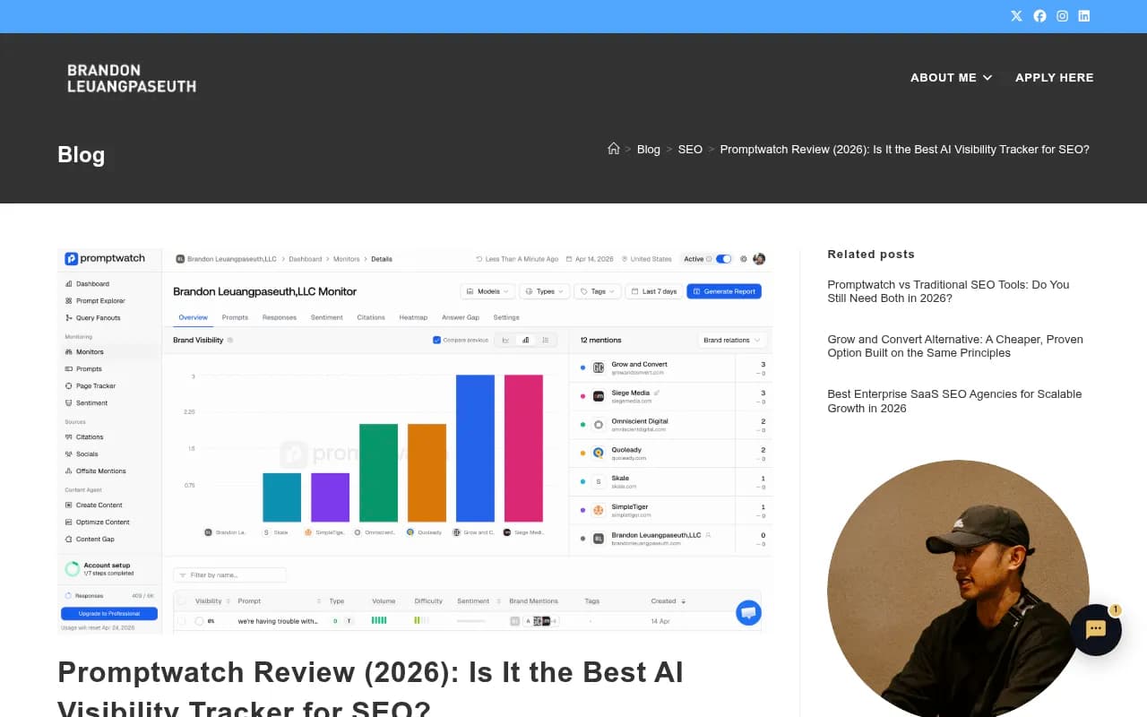Independent SEO consultant Brandon Leuangpaseuth's 2026 Promptwatch review, one of the few third-party reviews of either platform.