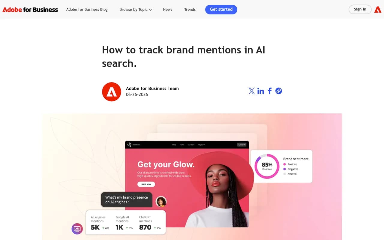 Screenshot of an AI brand monitoring stack diagram showing prompt, LLM response, mentions and citations, metrics, and tools