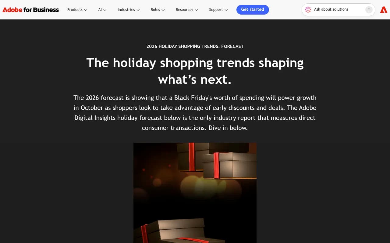 2026 Holiday Shopping Trends forecast from Adobe showing AI traffic growth and discount depth projections