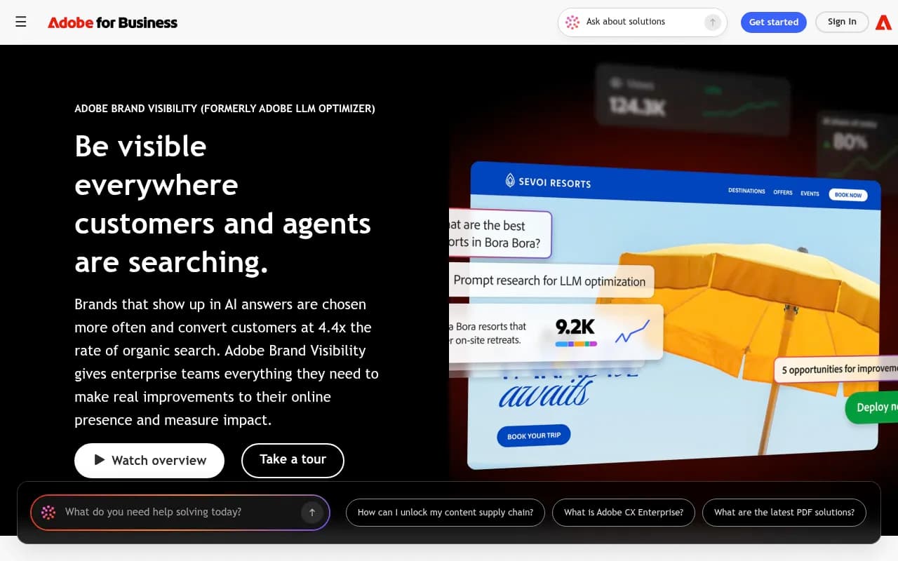 Adobe Brand Visibility product page describing AI search optimization for enterprise teams