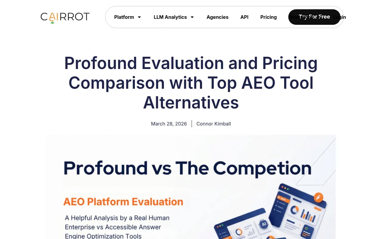 Cairrot's comparison of Profound against AEO tool alternatives, showing feature gaps and pricing