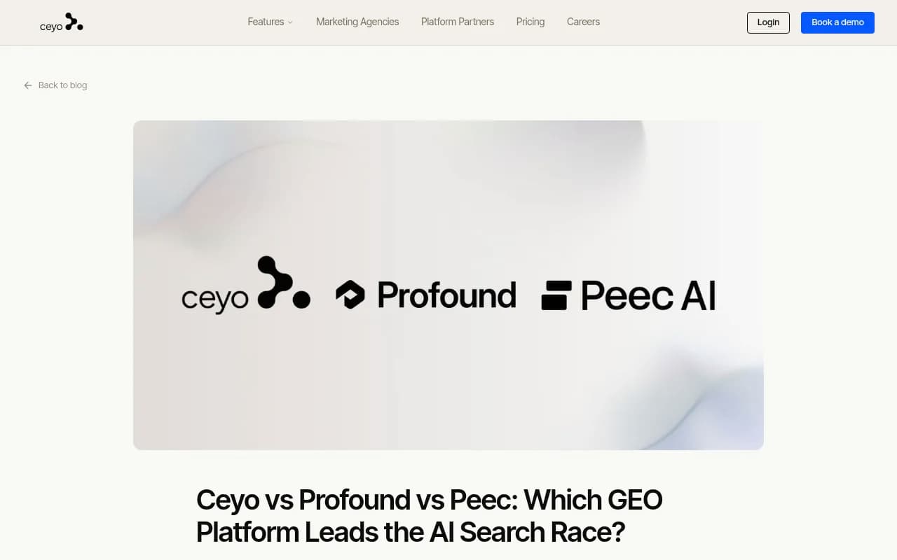 Ceyo vs Profound vs Peec comparison showing feature matrix across GEO platforms
