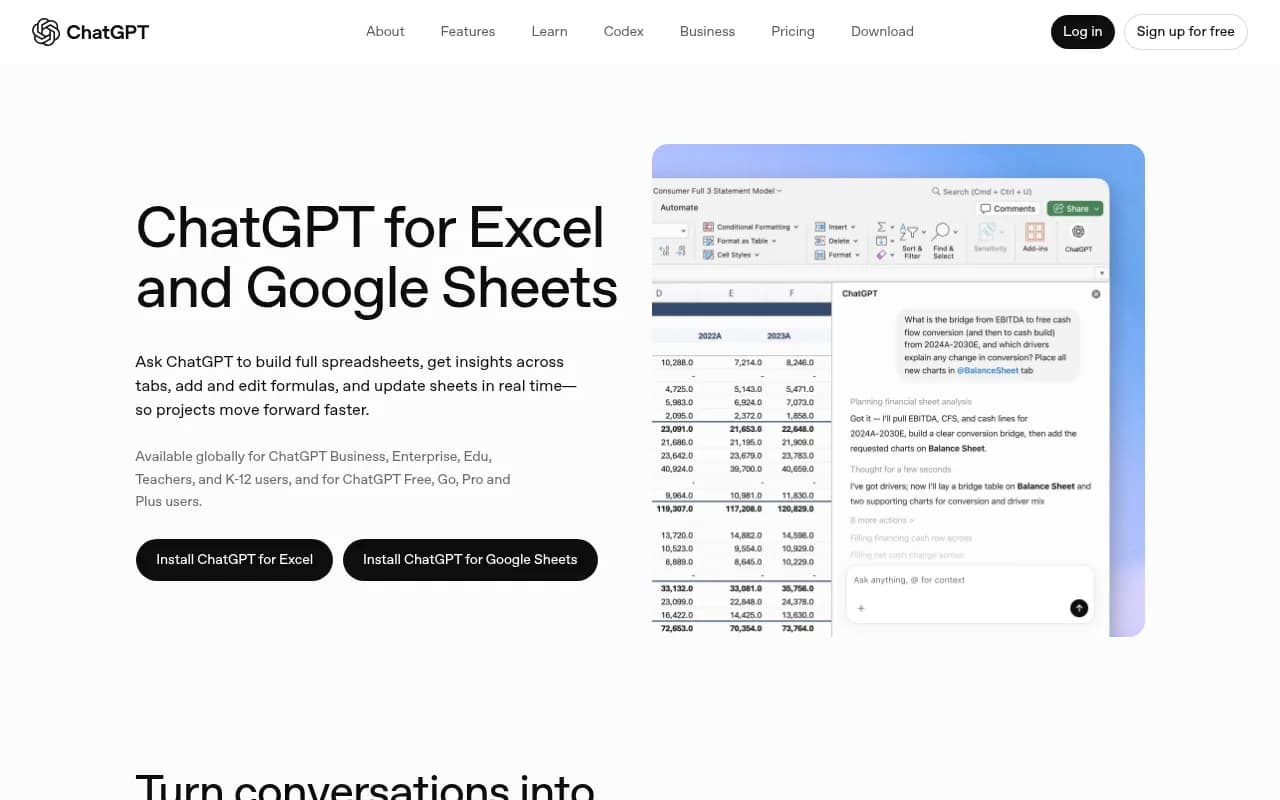 ChatGPT for Excel and Google Sheets product page showing the spreadsheet sidebar