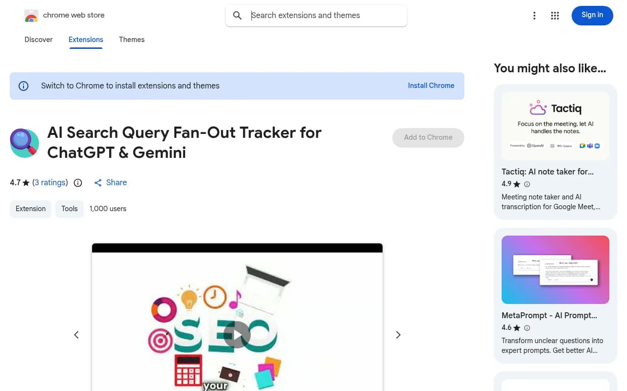 Chrome Web Store listing for the AI Search Query Fan-Out Tracker for ChatGPT and Gemini