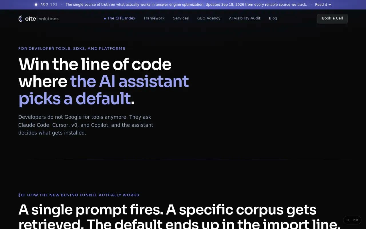 Cite Solutions page describing a retrieval surface stack for developer tools