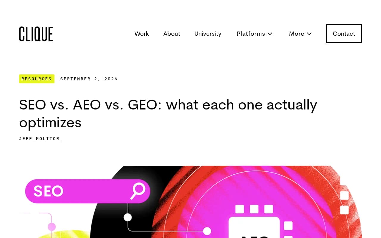 Clique Studios article comparing what SEO, AEO and GEO each optimize