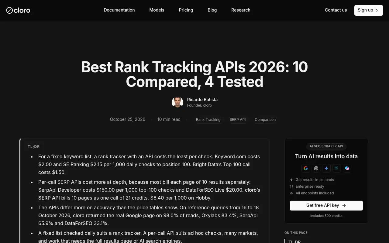 Rank tracking API comparison from cloro, showing per-check pricing and real-page rates