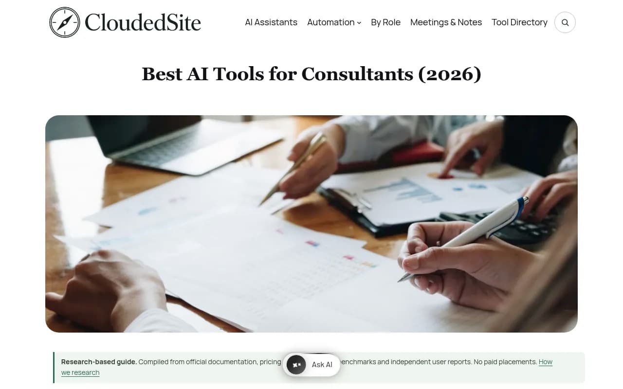 CloudedSite guide to AI tools for consultants, covering Claude, Fireflies, Perplexity, Notion and ChatGPT