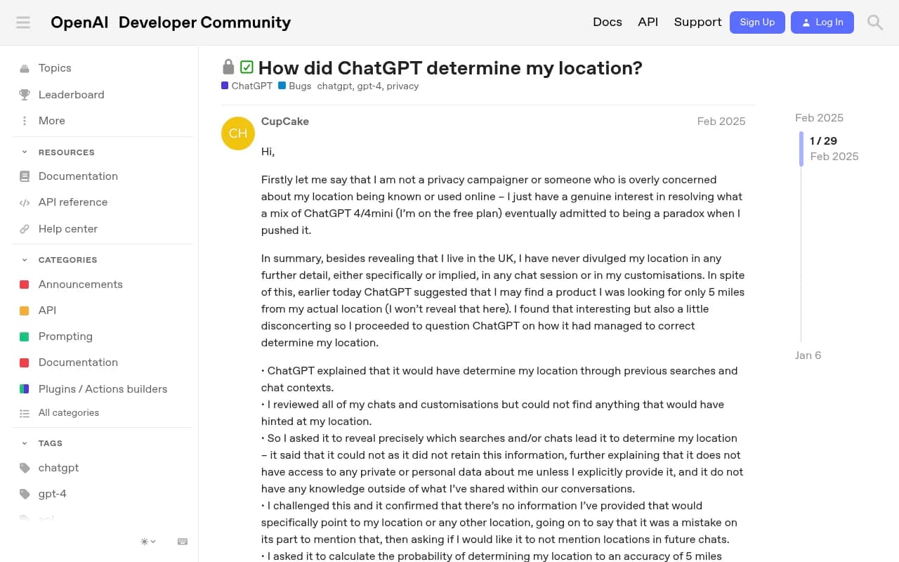 OpenAI community thread where a user asks how ChatGPT determined their location