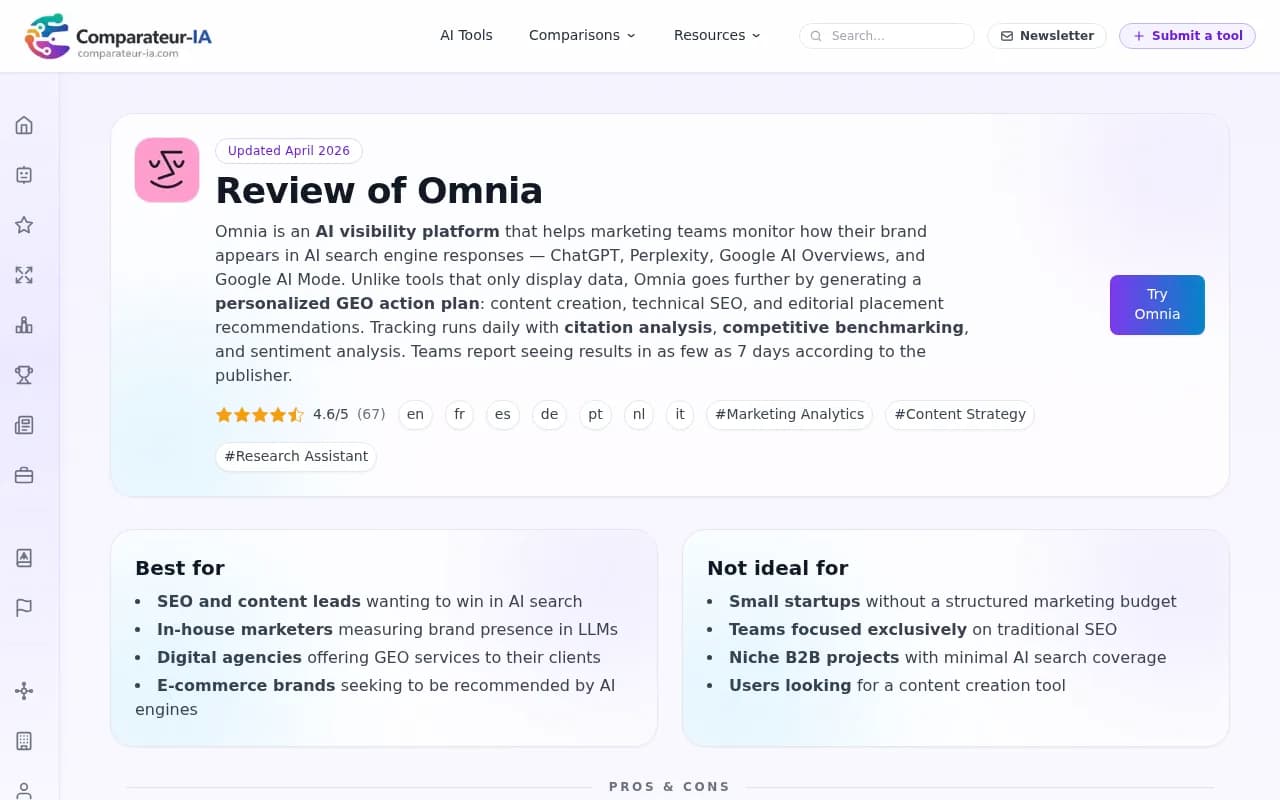Omnia review breakdown showing pros, cons, and pricing details from Comparateur-IA