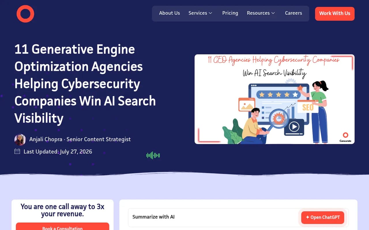 Concurate's roundup of GEO agencies for cybersecurity companies. Self-published, so read the ranking critically.