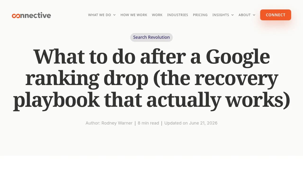 Recovery playbook article on diagnosing a Google ranking drop, with a 24-hour rule for when to actually panic