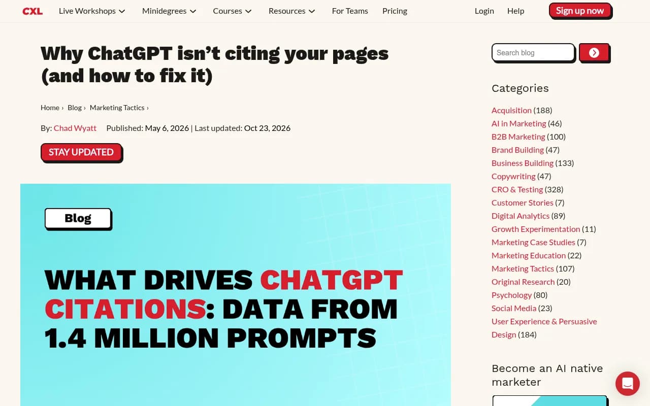 CXL's analysis of why ChatGPT does or doesn't cite pages
