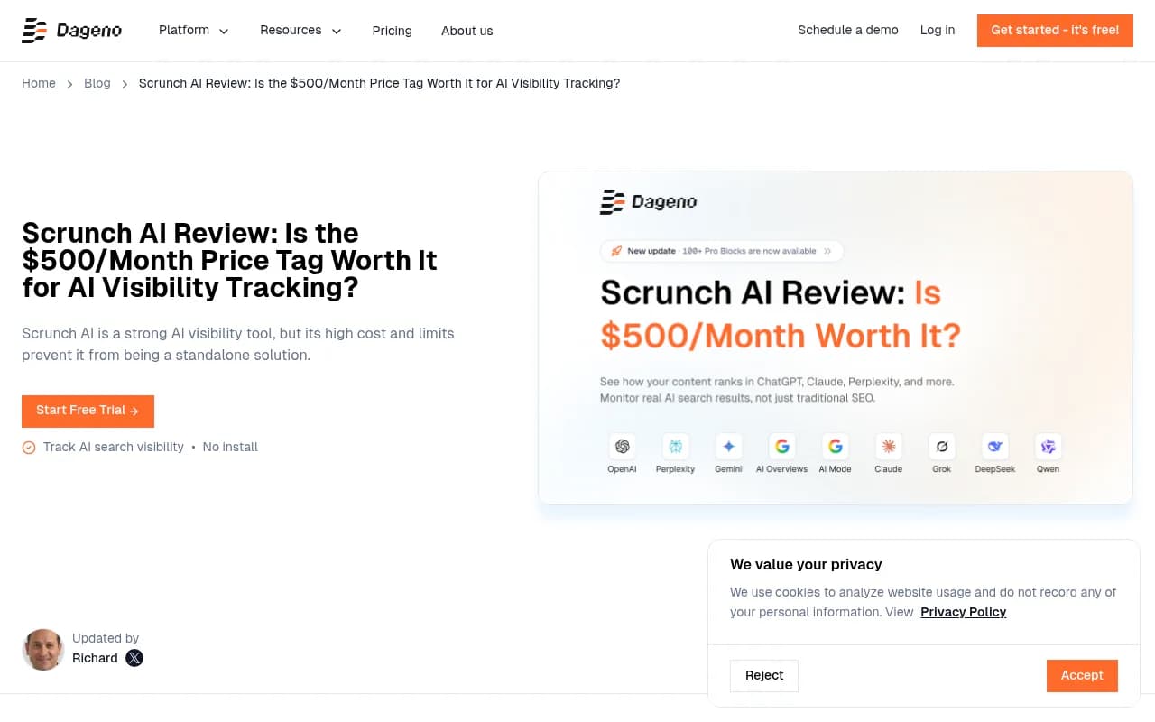 Scrunch AI review coverage and analysis from Dageno AI