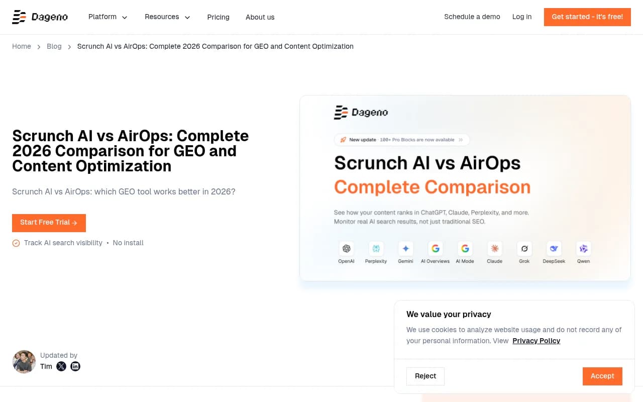 AirOps vs Scrunch comparison overview from dageno.ai